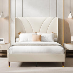 Full Size Bed Frame with 51.2" Tall Curved Wingback Headboard, Linen Upholstered Platform Bed, Soft Fabric/Noise-Free/Wooden Slats Support/No Box Spring Needed/Easy Assembly, Beige