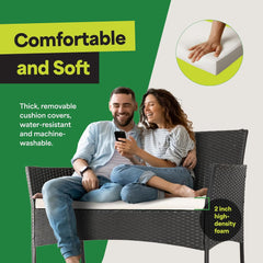 4-Piece Outdoor Patio Furniture Set - Patio Set with 2 Rattan Chairs, 1 Loveseat & 1 Glass -Top Coffee Table - Weather-Proof Wicker with Cushions - Conversation Set for Porch, Balcony, Lawn