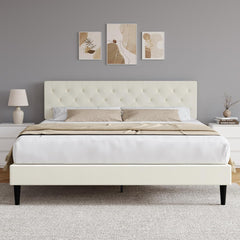 Queen Bed Frame with Headboard, Linen Fabric Upholstered Bed Frame Queen, Wood Slats Support, Button Tufted, No Box Spring Needed, White