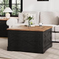 Farmhouse Coffee Table with Hidden Storage, Navy Blue Square Coffee Table for Living Room, Wood Large Center Table with Hinged Lift Top for Home, Office