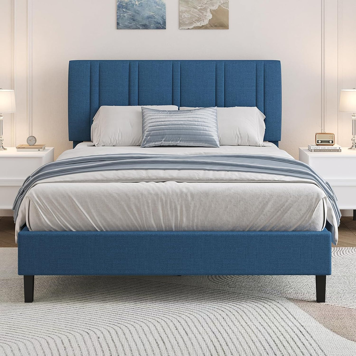 Queen Size Bed with Headboard and Storage, Queen Upholstered Platform Beds with Wooden Slats Support, Fabric Bed Frame, No Box Spring Required, Easy Assembly, Blue