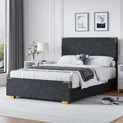 Queen Bed Frame, Queen Size Bed Frame with Headboard and Footboard, Chenille Fabric Upholstered Bed Frame, Gold-Colored Support Feet, Strong Wooden Slats, No Box Spring Needed, Easy Assembly, Black