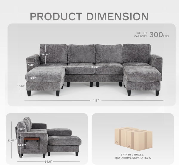 118-Inch U-Shaped Sectional Sofa with 4 Seats, 2 Ottomans, and Foldable Side Table in Grey for Living Room