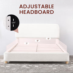 Full Size Boucle Bed Frame, Upholstered Cloud Bed Frame with Adjustable Headboard, Solid Wood Legs, Rounded Corners Design & Easy Assembly – Modern Platform Bed,Cream