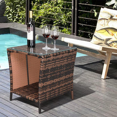 Outdoor Wicker Side Table Patio Side Tables for Outside, Tempered Glass Top Wicker Table with Storage End Table for Balcony Porch Deck (Brown)