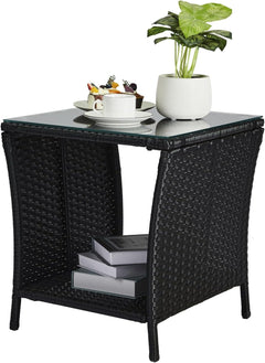 Outdoor Wicker Side Table Patio Side Tables for Outside, Tempered Glass Top Wicker Table with Storage End Table for Balcony Porch Deck (Brown)