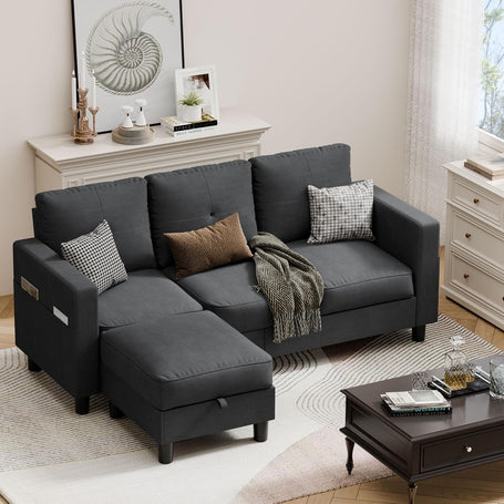 Convertible Sectional Couches for Living Room, L-Shaped Couch 3 Seat Sectional Sofa Set with Polyester Fabric and Movable Ottoman Small Couch for Apartments, Office, Black
