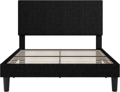 Full Bed Frame, Velvet Platform Bed Frame with Vertical Channel Tufted Headboard, Upholstered Corduroy, Strong Wooden Slats, Mattress Foundation, No Box Spring Needed, Easy Assembly, Black