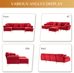 U Shaped Sectional Sofa Couch, 114" Convertible L Shaped Sofa with Chaise Lounge & Ottoman, Modern Oversized Modular 4 Seat Sleeper Sofa Set for Living Room Office, Red Velvet
