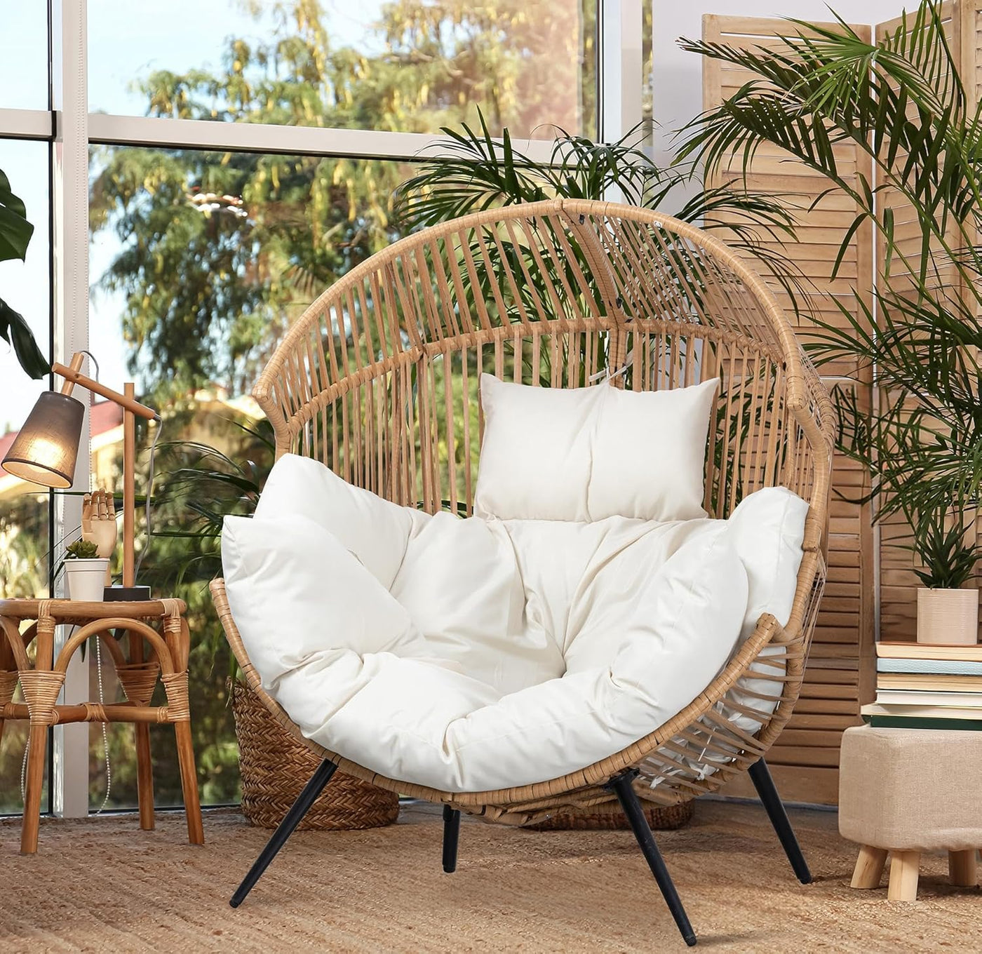 Egg Chair Wicker Outdoor Chairs, Oversized Patio Chair Oversized Lounger Chair with Cushion for Indoor Living Room, Bedroom, outside Patio Backyard Balcony, Beige