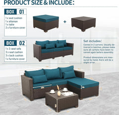 3 Pieces Patio Furniture Set Outdoor Sectional Wicker Patio Furniture Patio Couch with Ottoman and Outdoor Storage Table with Lining Weathering Anti-Slip Cushions Waterproof Covers, Peacock Blue