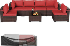 Patio Furniture Sets, 7 Pieces Outdoor Rattan Sectional Sofa Set with Glass Table and Cushions, Wicker Patio Conversation Set for Outdoor Indoor Backyard Lawn Garden Porch (Grey)