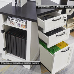 55” Farmhouse L Shaped Desk with Charging Station,Executive L Shaped Desk with Lockable Drawers and Storage Cabinet & Adjustable File Cabinet,White Corner Desk for Home Office