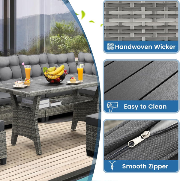 6-Piece Outdoor Patio Furniture Set - Sectional Sofa, Dining Table & Chairs Included, All-Weather Dining Set with Ottoman, Grey Wicker and Grey Cushions