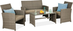 4-Piece Outdoor Wicker Patio Conversation Furniture Set for Backyard W/Coffee Table, Seat Cushions - Gray/Cream