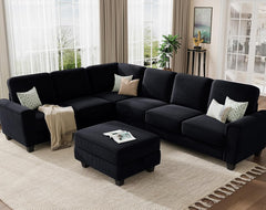 Sectional Sofa Couch for Living Room, 106 Inches L Shaped Couch with Storage, 5 Seater Corduroy Home Sofas, Modern Couches with Chaise for Apartment, Sofas Para Sala, Dark Blue