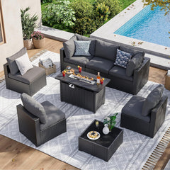 7 Piece Patio Furniture Set Wicker Rattan Patio Sectional Sofa Set Outdoor Seating Furniture with Thickened Cushion, Grey