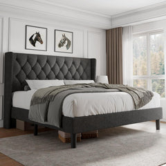 Queen Size Platform Bed Frame with Button Tufted Headboard, Upholstered Bed Frame with Solid Wooden Slats, 8" Underbed Space, No Box Spring Needed, Noise Free, Easy Assembly, Black