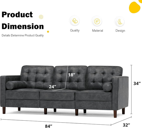 84-Inch Grey Suede Leather Sofa with Two Soft Pillows, Tufted Modern Design, Sturdy Wooden Legs, Three-Seat Couch for Living Room, Office, and Bedroom