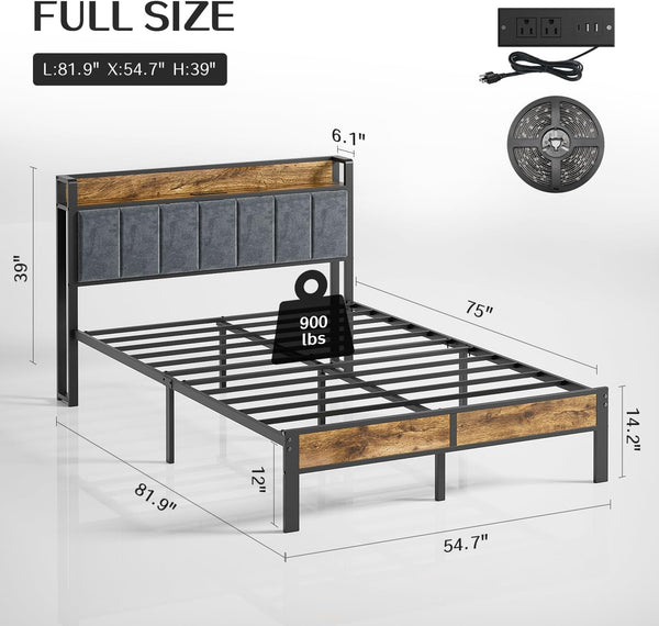 Full Bed Frame with Storage Charging Station Headboard, Smart LED Light, Metal Platform Bed No Box Spring Required, Easy Assembly, Noise Free