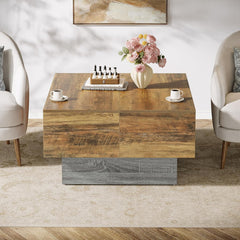 35.4"-52.3" Extendable Farmhouse Coffee Table, Living Room Center Table with Storage, Expandable Wooden Coffee Table for Small Spaces, Coffee Tables for Living Room (1, Brown+Grey)