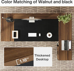 78" L-Shaped Executive Desk, Large Modern Office Desk with Drawers and File Cabinet, Business Furniture with Storage Shelves, Big Computer Desk for Home Office (Light Walnut + Black)