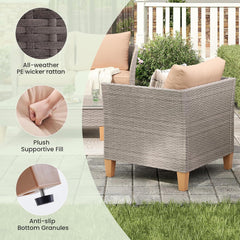 5-Piece Patio Furniture Set, Outdoor Furniture with Coffee Table, Loveseat & 2 Single Chairs, 4-Inch Thickened Cushions with Water/Oil/Stain-Resistant Fabric (Beige Cushion + Gray Wicker)