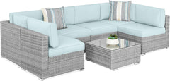 7-Piece Modular Outdoor Sectional Wicker Patio Conversation Set W/ 2 Pillows, Coffee Table, Cover Included - Gray/Cream
