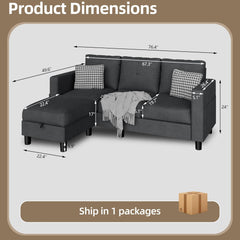 Convertible Sectional Couches for Living Room, L-Shaped Couch 3 Seat Sectional Sofa Set with Polyester Fabric and Movable Ottoman Small Couch for Apartments, Office, Black