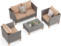 5-Piece Patio Furniture Set, Outdoor Furniture with Coffee Table, Loveseat & 2 Single Chairs, 4-Inch Thickened Cushions with Water/Oil/Stain-Resistant Fabric (Beige Cushion + Gray Wicker)
