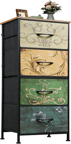 Dresser with 4 Drawers, Fabric Storage Tower, Organizer Unit for Bedroom, Hallway, Entryway, Closets, Sturdy Steel Frame, Wood Top, Easy Pull Handle, Rustic Brown Wood Grain Print