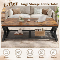 Coffee Table with Storage, Modern Coffee Tables for Living Room with Mesh Shelf, 2 Tier Rectangular Center Table for Living Room, Bedroom, 47.2 Inch, Rustic Brown