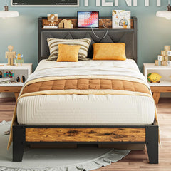 Full Size Bed Frame, Storage Headboard with Outlets, Easy to Install, Sturdy and Stable, No Noise, No Box Springs Needed - Perfect for a Good Night'S Sleep