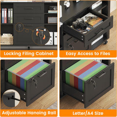 3 Drawer Wood Lateral File Cabinet with Lock, Rolling Mobile Filing Cabinet with Open Storage Shelves, Printer Stand Office Storage Cabinet for Home Office Fits Files Legal/A4 Size, Black