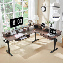 60 Inches L Shaped Electric Standing Desk, Height Adjustable Corner Gaming Desk with Drawers, Keyboard Tray, Power Outlets & LED Lights, Computer Desk with Monitor Shelf, Antique White