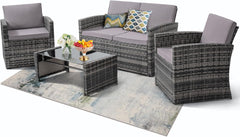 6-Piece Outdoor Patio Furniture Set - Sectional Sofa, Dining Table & Chairs Included, All-Weather Dining Set with Ottoman, Grey Wicker and Grey Cushions
