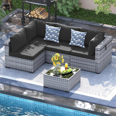 Patio Furniture Set, 8 Inch Armrest Outdoor Sectional Sofa, 6 Piece Wicker Outdoor Furniture Conversation Sets with Waterproof Cover and Coffee Table for Backyard Deck(Brown/Dark Grey)