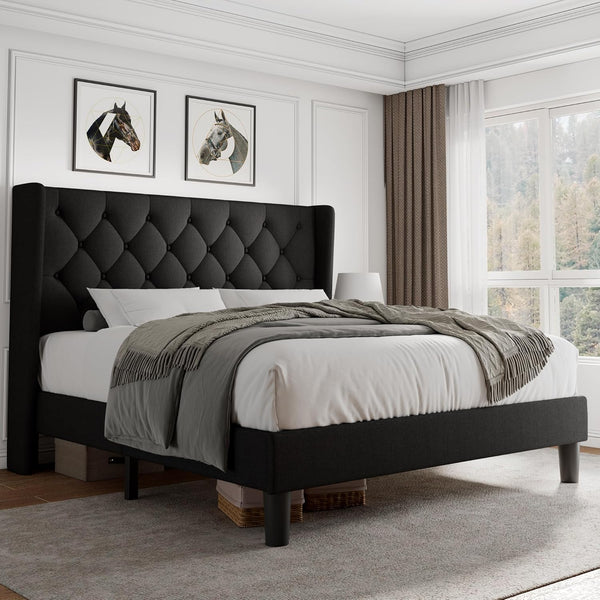Queen Size Platform Bed Frame with Button Tufted Headboard, Upholstered Bed Frame with Solid Wooden Slats, 8" Underbed Space, No Box Spring Needed, Noise Free, Easy Assembly, Black