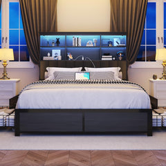 Queen Bed Frame with Headboard, Queen Bed Frame with High Storage Bookcase Headboard,4 Storage Drawers & Charging Station & Led,No Box Spring Needed/Noise Free/All-Metal Support,Rustic Grey