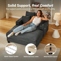 Chaise Lounge Chair Indoor, 64" Oversized Sleeper Chair with Wood Frame, Upholstered Sofa Bed for Living Room, Movie Room, Bedroom with 4 Storage Pockets& 2 Cup Holders(Corduroy, Grey)