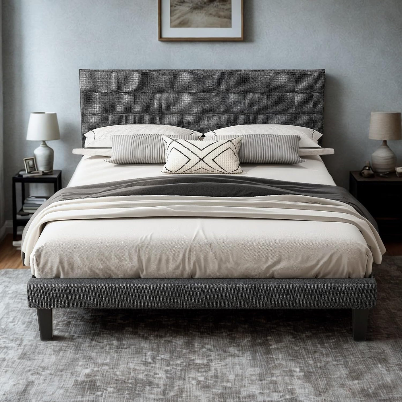 Platform Bed Frame Queen Size with Linen Fabric Headboard,Modern Panel Low Profile Bed with Upholstered & Sturdy Slats Support for Bedroom, Mattress Foundation, Dark Gray