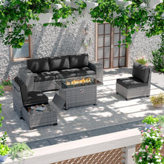 Patio Furniture Sets, 7 Pieces Outdoor Rattan Sectional Sofa Set with Glass Table and Cushions, Wicker Patio Conversation Set for Outdoor Indoor Backyard Lawn Garden Porch (Grey)