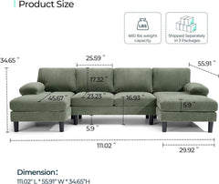 Sectional Couch, 111'' W Corduroy U Shaped Sofa with Sleepable Armrests, 4 Seat Couch with Double Chaises, Deep Seat Sofa for Living Room, Army Green