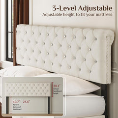 Full Size Bed Frame with 2 Storage Drawers, Upholstered Bed Frame with Adjustable Diamond Headboard, Velvet Modern Platform Bed Frame, No Box Spring Needed, Easy to Assemble, Beige