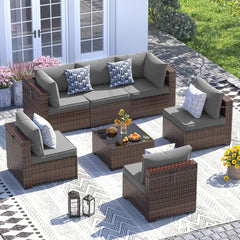 Patio Furniture Set, 8 Inch Armrest Outdoor Sectional Sofa, 6 Piece Wicker Outdoor Furniture Conversation Sets with Waterproof Cover and Coffee Table for Backyard Deck(Brown/Dark Grey)