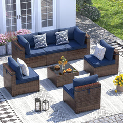 Patio Furniture Set, 8 Inch Armrest Outdoor Sectional Sofa, 6 Piece Wicker Outdoor Furniture Conversation Sets with Waterproof Cover and Coffee Table for Backyard Deck(Brown/Dark Grey)