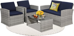6-Piece Outdoor Patio Furniture Set - Sectional Sofa, Dining Table & Chairs Included, All-Weather Dining Set with Ottoman, Grey Wicker and Grey Cushions