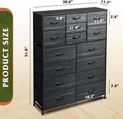 WLIVE Tall Console Table with 15 Fabric Drawers, Entryway Table with Storage, Tall Storage Organizer with Wood Top, Steel Frame for Living Room, Hallway, Office, Charcoal Black Wood Grain Print