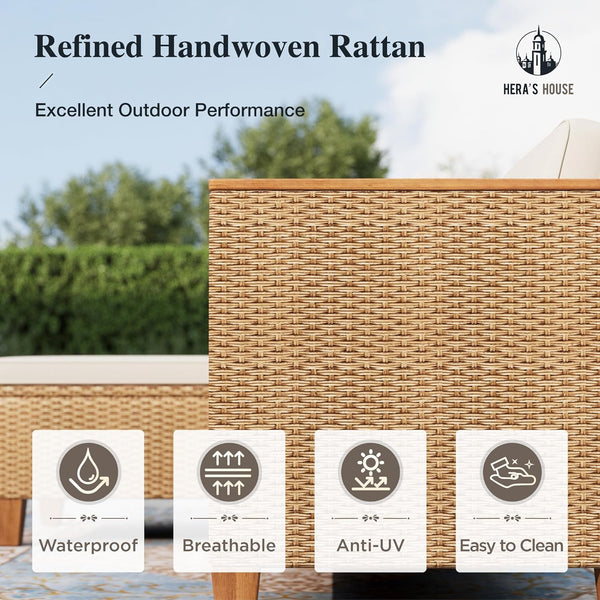 Small Patio Furniture Set, All Weather 3 Pieces Wicker Outdoor Sectional Set,Yellow Rattan Conversation Set with Lounge Sofa and Coffee Table for Lawn, Garden