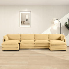 Oversized Modular Sectional Sofa with Movable Ottoman, 112 Inch 4 Seat Modern Corduroy Sofa Set, Convertible L Shaped Couch for Living Room and Office, Beige